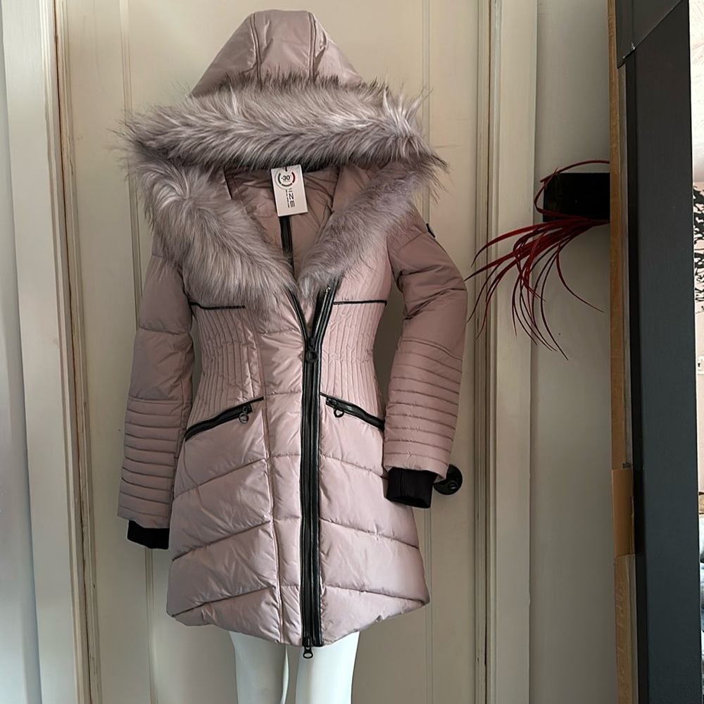 NWT Noize Winter Faux fox fur vegan leather puffer parka jacket coat blush pink